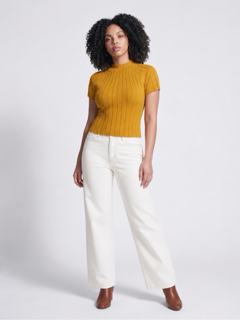 Cable & Gauge Ribbed Short-Sleeve Knit Top - Mustard Gold